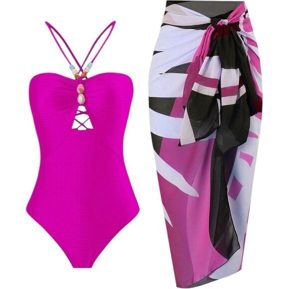 Vibrant Pink One-Piece Swimsuit Set with Wrap Skirt - Picture 1 of 9